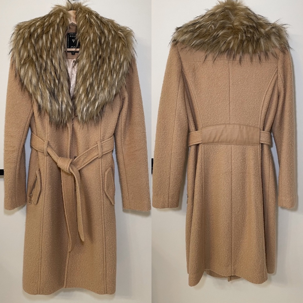 Guess Belted Bouclé Coat with Removable Faux Fur Collar